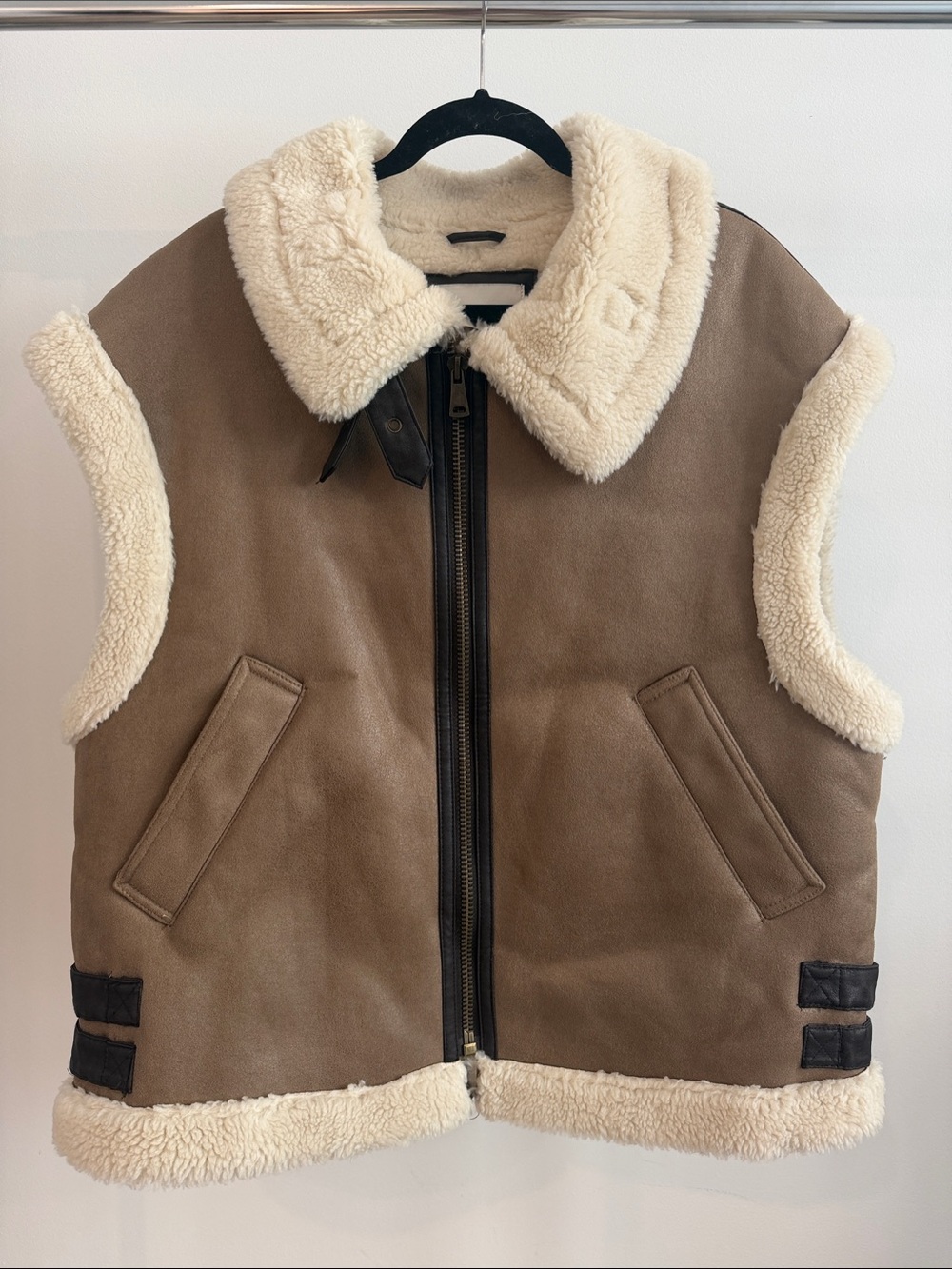 Zara Tan Faux Suede Shearling-Trim Vest